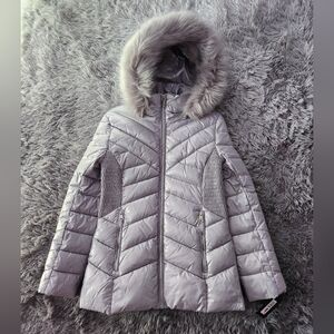 Silver Quilted Puffer Jacket with Faux Fur Hood